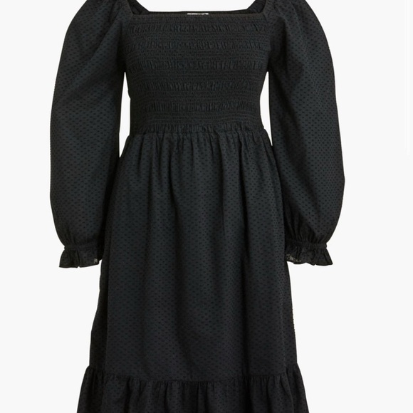 J Crew Black Smocked clip-dot puff-sleeve ruffle dress size large 10 12 - Picture 1 of 4